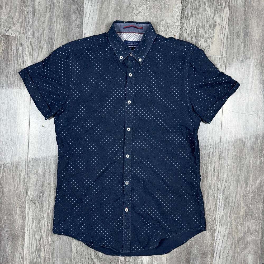 Zara Man Blue Polka Dot Short Sleeve Button Up Shirt